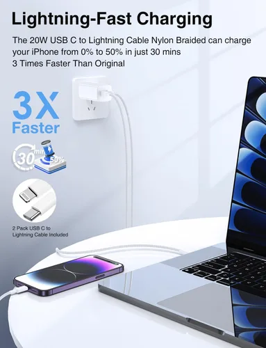Vista 2 de Cable USB C a Lightning de 3/3 pies [certificado Apple MFi], cable tipo C a Lightning trenzado de nailon trenzado, cable de carga USBC a Lightning