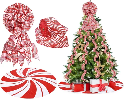 Vista 14 de Zomiboo Juego de decoración para árbol de Navidad incluye lazo de Navidad con bastón de caramelo, arco decorativo de 31.5 pulgadas, rojo y blanco