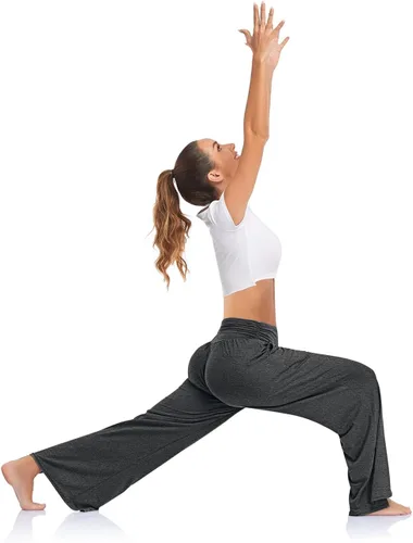 Vista 3 de UEU Pantalones de yoga de pierna ancha para mujer, cintura alta, ajustables, con lazo, casuales, holgados, talla grande, pantalones deportivos