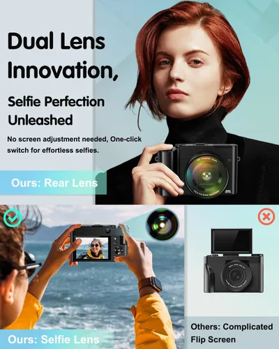 Vista 2 de Cámara digital 4K para fotografía, cámara de video de enfoque automático de 64 MP para YouTube con lente selfie, cámara de video compacta de viaje