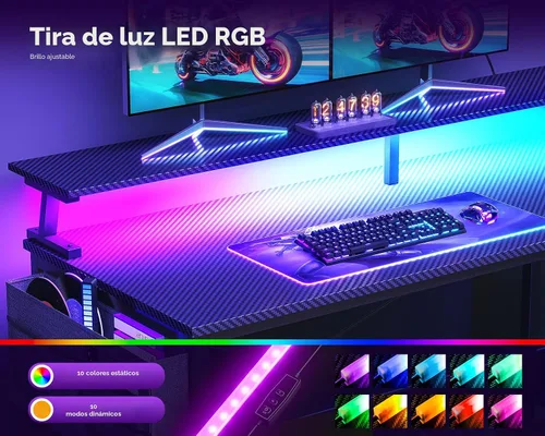 Vista 5 de ODK Escritorio para juegos de 40 pulgadas con tomas de alimentación USB y luces LED, escritorio reversible en forma de L con estantes