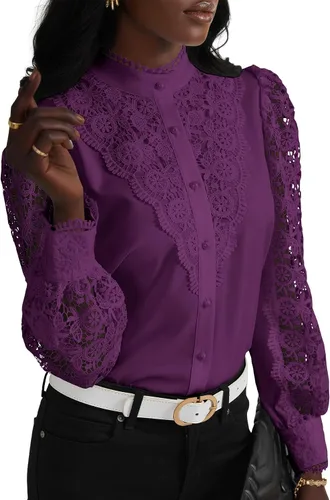 Vista 13 de Rooscier Blusa Elegante de Encaje de Crochet con Cuello Alto Simulado de Manga Larga con Botones para Mujer Top
