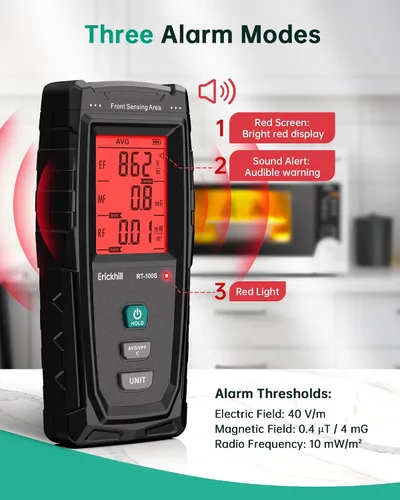 Vista 3 de ERICKHILL Detector EMF 3 en 1, detector de radiación de campo electromagnético para EF, RF, MF, WiFi, señal 5G, modos de alarma triple, carga tipo