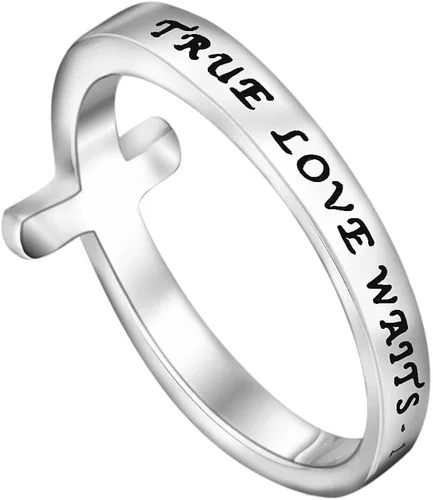 Vista 2 de Anillo True Love Waits de lado de pureza cruzada, ceremonia de castidad cristiana, acero inoxidable