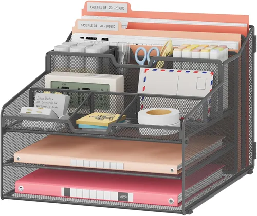 Vista 9 de Lavatino Organizador de escritorio, malla metálica con 2 bandejas de papel para cartas, 7 divisores flexibles, 2 soportes verticales para archivos