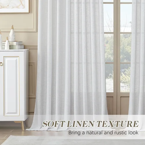Vista 4 de MASWOND Cortinas plisadas blancas de 102 pulgadas de largo, cortinas semitransparentes de lino para sala de estar, juego de 2 paneles de cortinas