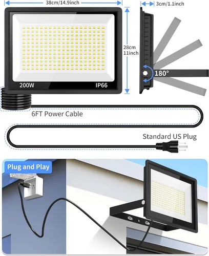 Vista 8 de Luz de inundación LED de 200 W para exteriores con enchufe+cable de 10 pies, luz de seguridad súper brillante de 24000 lúmenes, luz de trabajo LED