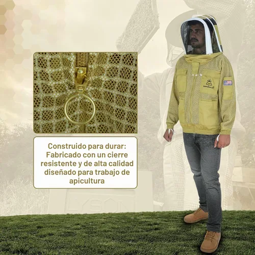 Vista 8 de Chaqueta de abeja de malla ventilada de 3 capas para hombres y mujeres con velos, chaqueta de apicultura a prueba de picaduras con guantes de cuero