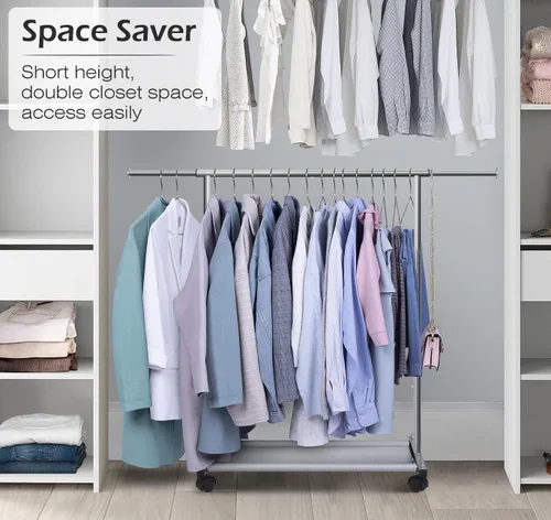 Vista 2 de MISSLO Percheros resistentes para colgar ropa perchero rack de ropa con ruedas de metal, ajustable, blanco y plateado