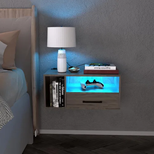 Vista 8 de Mesita de noche flotante con estación de carga y tiras de luz LED, mesita de noche de 21.3 pulgadas con cajones, mesita de noche flotante