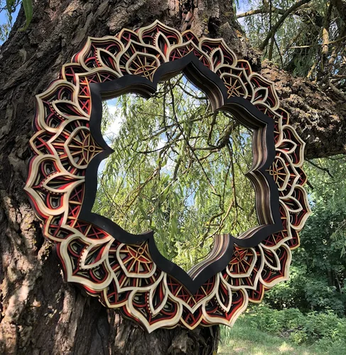 Vista 6 de BHDecor Espejo para decoración de pared para el hogar, marco tallado con láser de varias capas, elegante mandala de madera para colgar, paneles