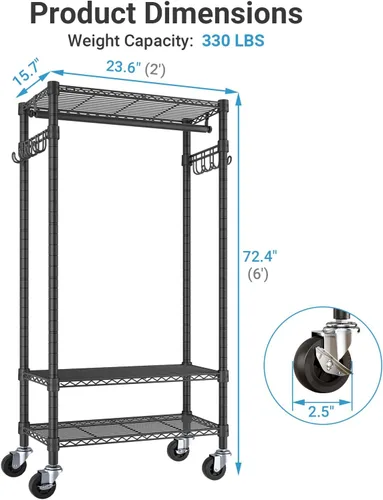 Vista 5 de VIPEK R3 - Percheros medianos con ruedas con cerradura, perchero resistente con estantes ajustables, barra para colgar y ganchos laterales, Negro
