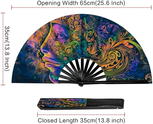 Vista 4 de Ravevibes Ventilador de mano plegable grande de 13 pulgadas, ventilador de bambú para festivales de bambú, ventiladores plegables con brillo UV