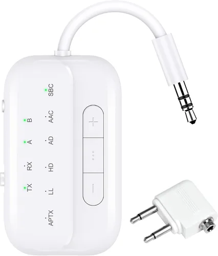 Vista 9 de Receptor transmisor Bluetooth 5.4 Pro 2026, adaptador Bluetooth para avión Qualcomm aptX LL 25hrs Battery Works with 2 Headphones Wireless