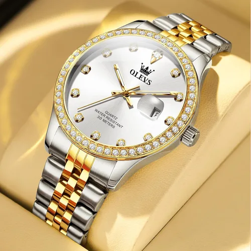 Vista 4 de OLEVS Reloj de acero inoxidable para mujer, estilo vintage, dorado, plateado, de dos tonos, analógico, de cuarzo, casual, impermeable