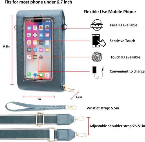 Vista 3 de CrossBody Bolsas con pantalla táctil para teléfono celular, bolsillo con cremallera, bloqueo RFID, tarjetero para iPhone para mujer