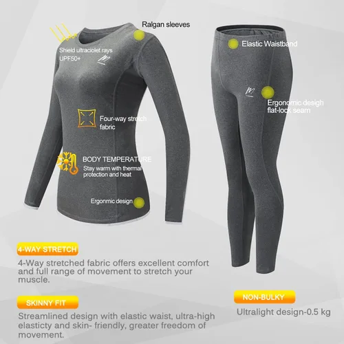 Vista 2 de MeetHoo Ropa interior térmica para mujer, conjunto de compresión de capa base cálida para invierno, forro polar, pantalones largos para correr