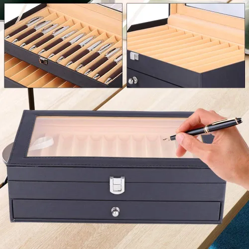 Vista 2 de Caja de exhibición de 24 plumas estilográficas, caja organizadora de bolígrafos de franela de cuero, caja de almacenamiento de cristal con tapa, 12
