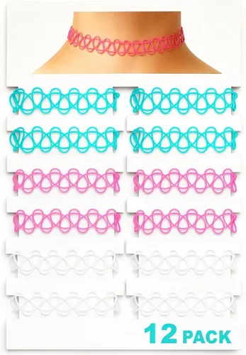 Vista 25 de BodyJ4You Juego de 12 gargantillas elásticas estilo tatuaje, accesorios y joyería de los años 90 y 2000, rosado, azul, verde, colorido, arcoíris