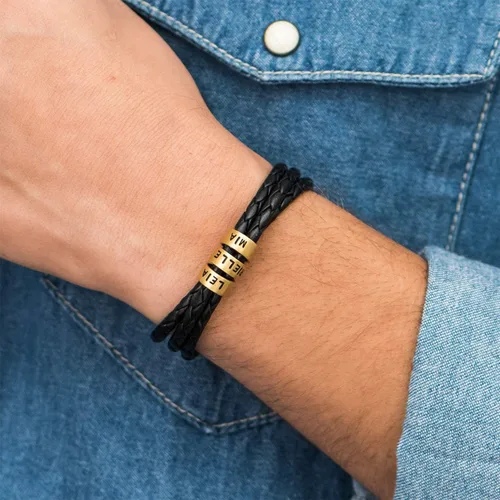 Vista 2 de Cuentas individuales grabadas personalizadas hechas a mano para hombres de cuero/cera de algodón pulsera en plata de ley 925 - Kit de cuentas