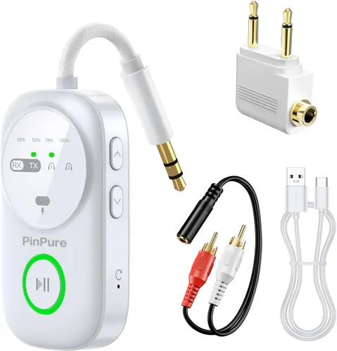 Vista 10 de Receptor transmisor Bluetooth 5.3, receptor de doble conexión, adaptador de audio auxiliar de 0.138 in con cable RCA, avión inalámbrico 2 en 1