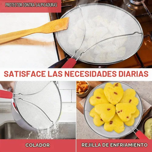 Vista 6 de Pantalla contra salpicaduras para sartén y colador de alimentos, protector de salpicaduras de grasa de acero inoxidable de 13 pulgadas, protector