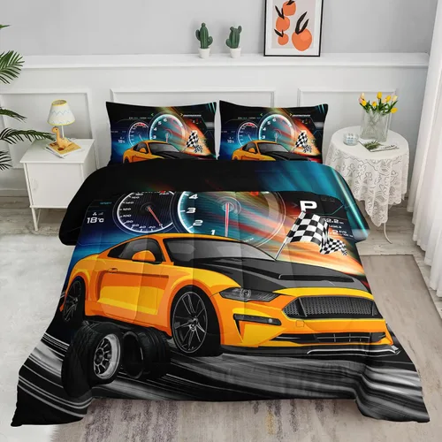 Vista 10 de Juego de edredón para niños Axolotl, tamaño individual, juego de ropa de cama con diseño de autos de carreras para niños, niñas, adolescentes