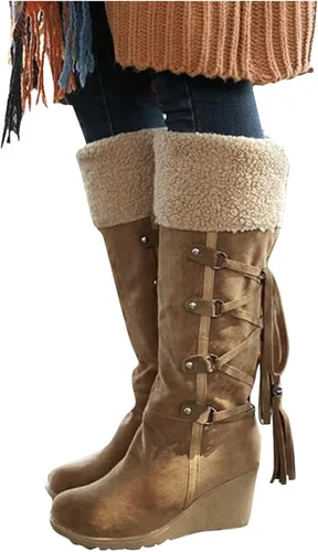 Vista 2 de ZiSUGP Botas de nieve con tacón de cuña para mujer botas largas hasta la rodilla cálidas y cómodas para montar en combate