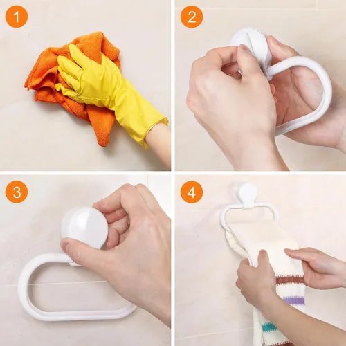 Vista 4 de Toallero adhesivo, soporte de toalla de mano blanco para montaje en pared, anillo ovalado de plástico para baño