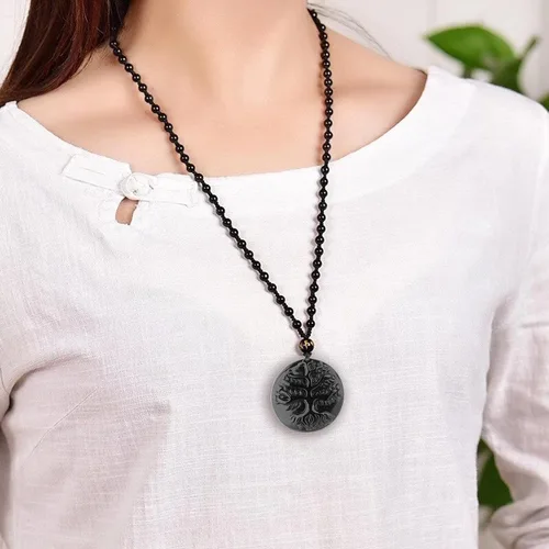 Vista 6 de VIKCAUX Collar de obsidiana negra con dije de protección con cadena de cuentas extendida de cristal curativo para hombres y mujeres, Cristal