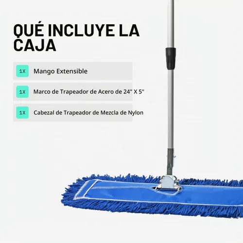 Vista 4 de Trapeador de polvo comercial azul de 24 pulgadas y barredora de piso con mango extensible, mopa para limpieza de suelos de madera, azulejos