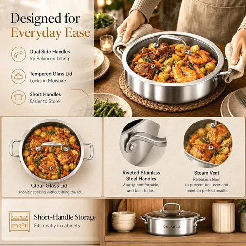 Vista 7 de DELARLO Sartén de tres capas de acero inoxidable de 10 pulgadas Sartén de freír profunda de 3QT con tapa Sartén de saltear con tapa Compatible