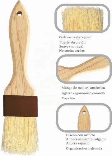 Vista 4 de Cepillo de pastelería para cocinar, 2 piezas de cerdas de jabalí cepillo de comida para barbacoa, cepillo de mantequilla de mango de madera de haya