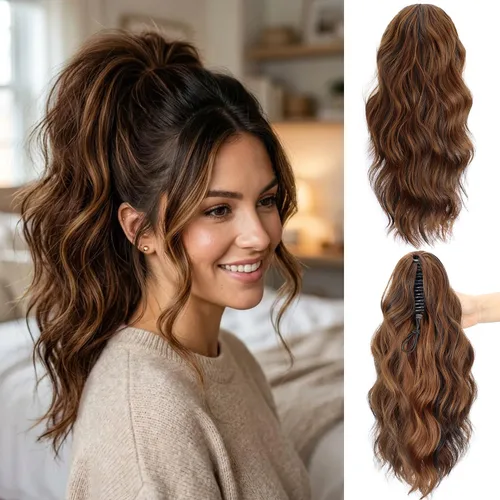 Vista 14 de FREEMEIGE Extensión de Cola de Caballo Negra con Cordón Extensión de Cola de Caballo Larga y Ondulada para Mujeres Extensión de Cabello de Cola de 1b