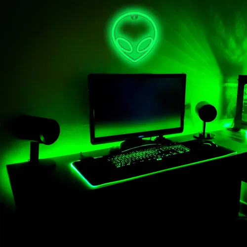 Vista 6 de Letrero de neón alienígena LED verde con luces de neón USB/funciona con pilas, letrero de luces alienígenas genial para decoración de pared