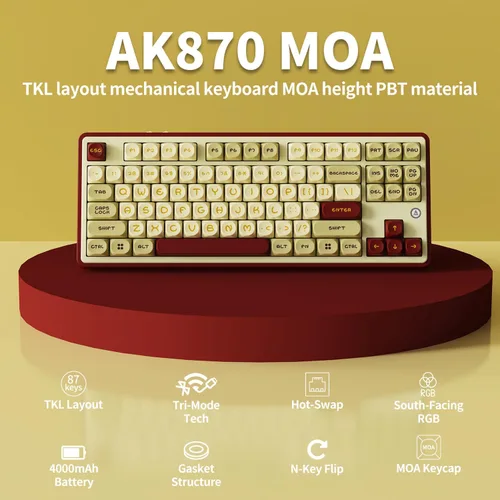 Vista 2 de ×AJAZZ AK870 TKL Estructura de junta de 87 teclas Teclado mecánico intercambiable en caliente de tecla completa Tipo-C2.4GBT 5.1, batería