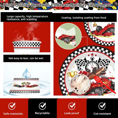 Vista 5 de Las decoraciones de fiesta de cumpleaños de coche de carreras incluyen platos, servilletas, tazas, tenedores, cuchillos, cucharas, pancartas