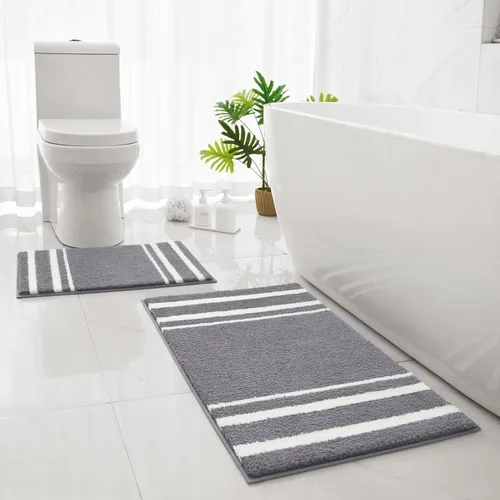 Vista 7 de HOMEIDEAS Juego de 2 alfombras de baño, a rayas, súper absorbentes, de microfibra suave, antideslizantes, lavables, para ducha y bañera (gris)
