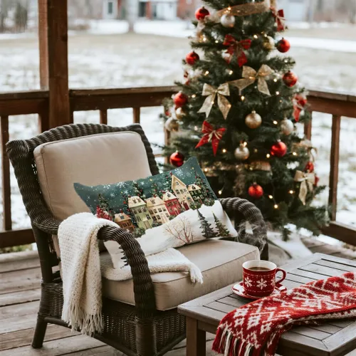 Vista 9 de Funda de almohada rectangular decorativa lumbar de invierno de 12 x 20 pulgadas, diseño de copos de nieve, casa del bosque de las maravillas, funda