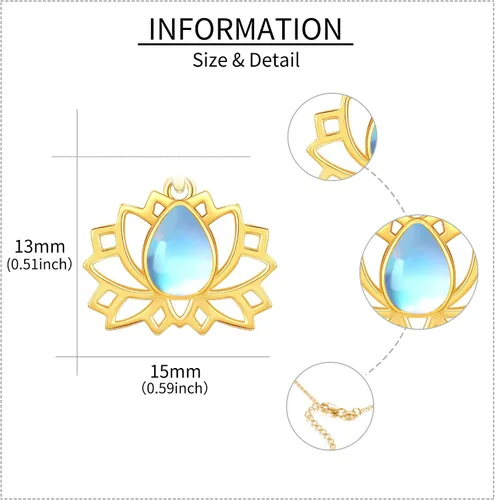 Vista 4 de Collar con colgante de loto de oro amarillo de 14 quilates, collar con colgante de loto de piedra lunar de oro sólido, joyería de loto para mujer