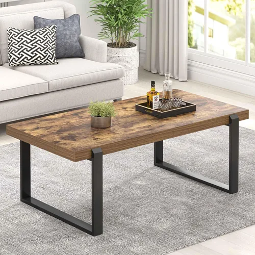 Vista 17 de FOLUBAN Mesa de café negra, mesa central moderna de madera y metal industrial, mesa rectangular de cóctel y té para sala de estar, 47 pulgadas