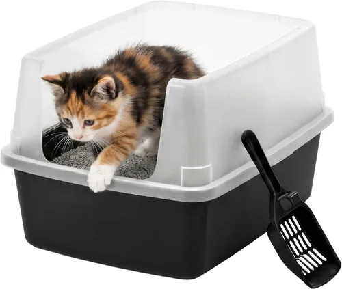 Vista 15 de IRIS USA Caja de arena para gatos de alta cara, grande, escudo de Negro