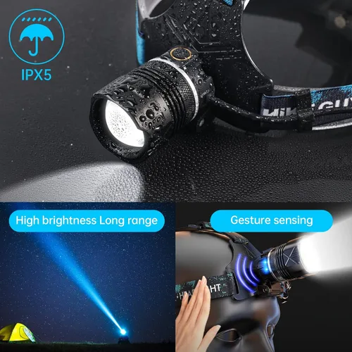 Vista 5 de Faro de Cabeza LED Recargable, Linterna de 1500 Lúmenes Super Brillante con 6 Modos y Luz de Advertencia IPX5, Banda Ajustable con Sensor