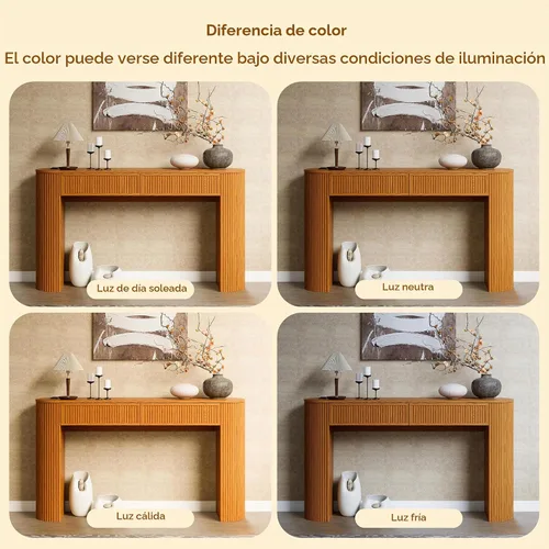 Vista 9 de Mesa consola acanalada de 55 pulgadas con 2 cajones y luces LED, mesas de entrada con estación de carga, mesa de sofá estrecha detrás del sofá, mesa