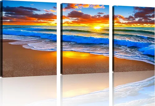 Vista 41 de TutuBeer 3 paneles de fotos de playa, arte de pared, diseño de mar azul, playa blanca al amanecer, imágenes impresas en lienzo, imágenes del océano