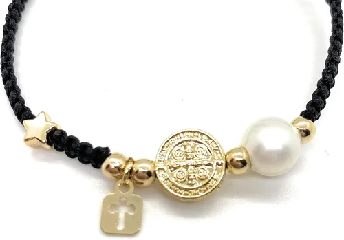 Vista 5 de Alea Collection Medalla protectora de San Benito con dijes sagrados de cuerda negra ajustable para mujer, Cuerda de algodón de lino, dije chapado