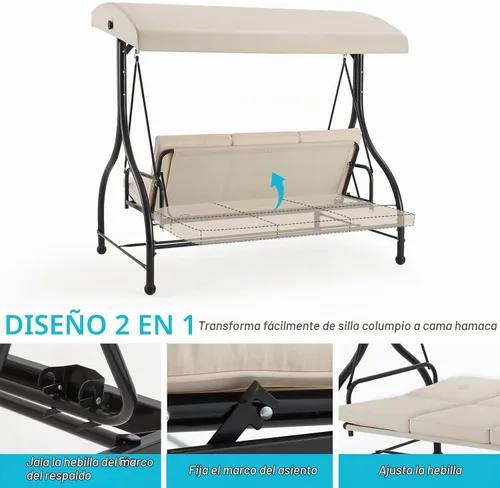 Vista 2 de AECOJOY Columpio de patio al aire libre de 3 asientos con toldo, hamaca de porche convertible, respaldo ajustable, cojines extraíbles y soporte