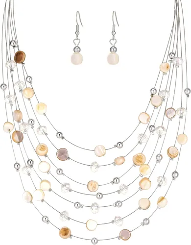 Vista 14 de Collar de cuentas de concha bohemia de varias capas para mujer, hebra de cristal colorida con cuentas plateadas, collares y aretes, disfraces