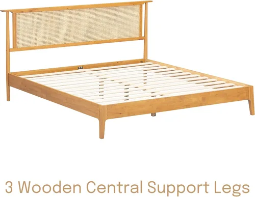 Vista 2 de NTC Marco de Cama de Madera Ruby con Cabecero y Ratán Natural, Base de Madera Sólida de Roble/Caucho con Listones Silenciosos, Capacidad de 1000