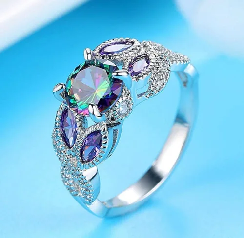 Vista 5 de Awmnjtmgpw - Anillo de compromiso de plata de ley 925 con topacio arcoíris para mujer, anillo de diamantes de corte princesa, anillo de diamantes